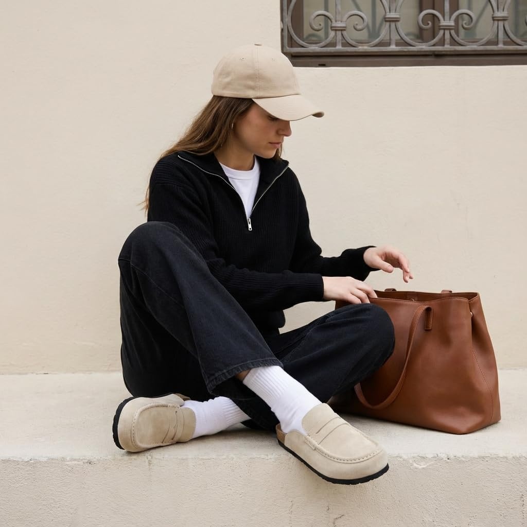 image:imageCUSHIONAIRE Fondu Genuine Leather Mule Clogs for Women Comfortable Slip On Womens Shoes with Penny Strap Accent and Memory Foam FootbedBiscuit