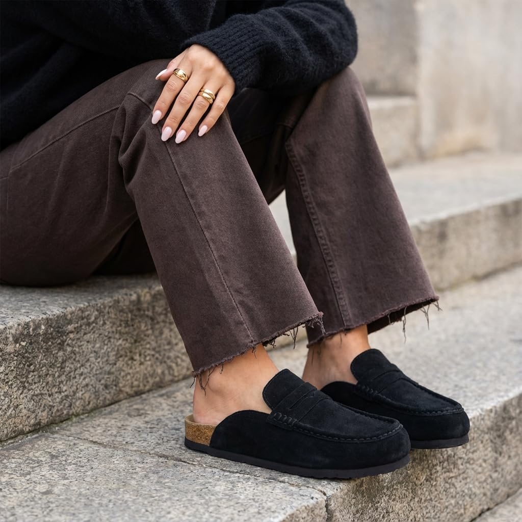 image:imageCUSHIONAIRE Fondu Genuine Leather Mule Clogs for Women Comfortable Slip On Womens Shoes with Penny Strap Accent and Memory Foam FootbedBlack
