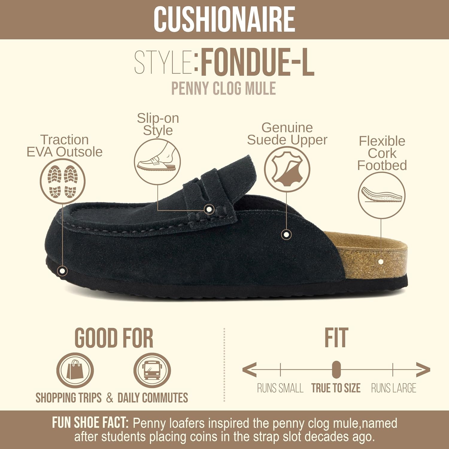 image:imageCUSHIONAIRE Fondu Genuine Leather Mule Clogs for Women Comfortable Slip On Womens Shoes with Penny Strap Accent and Memory Foam FootbedBlack