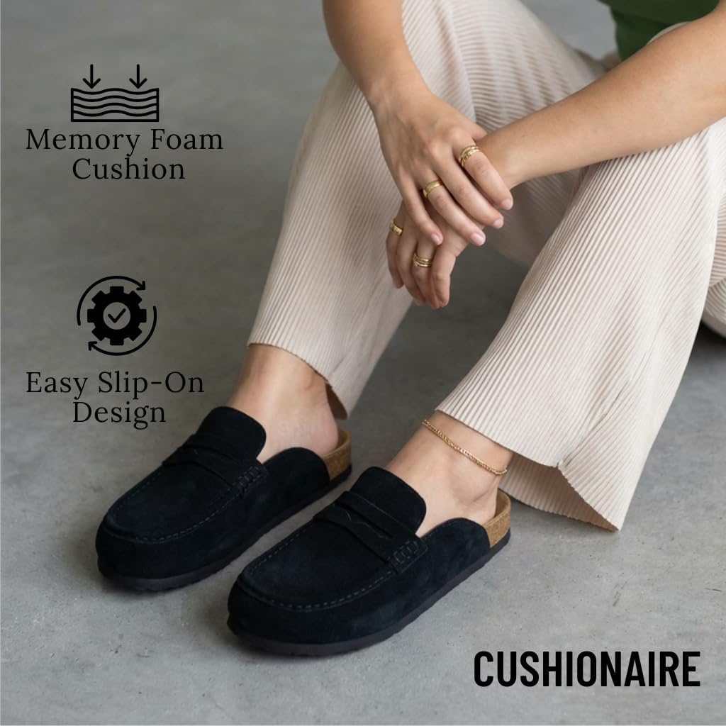 image:imageCUSHIONAIRE Fondu Genuine Leather Mule Clogs for Women Comfortable Slip On Womens Shoes with Penny Strap Accent and Memory Foam FootbedBlack