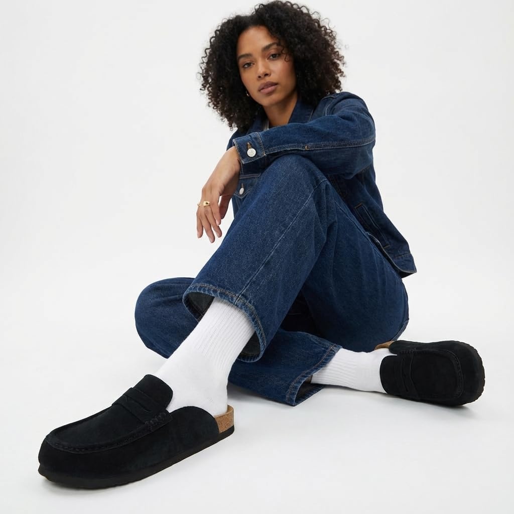image:imageCUSHIONAIRE Fondu Genuine Leather Mule Clogs for Women Comfortable Slip On Womens Shoes with Penny Strap Accent and Memory Foam FootbedBlack