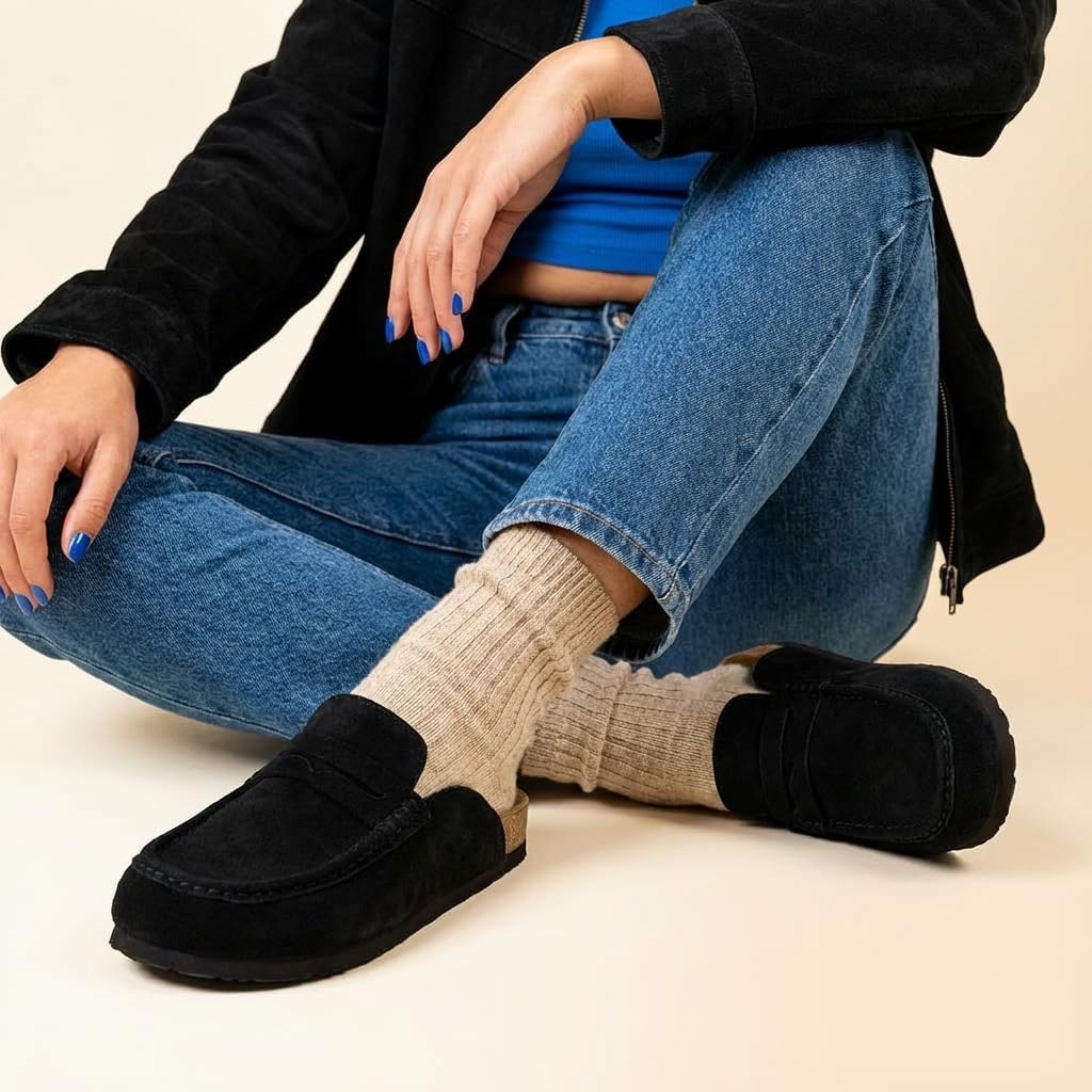 image:imageCUSHIONAIRE Fondu Genuine Leather Mule Clogs for Women Comfortable Slip On Womens Shoes with Penny Strap Accent and Memory Foam FootbedBlack