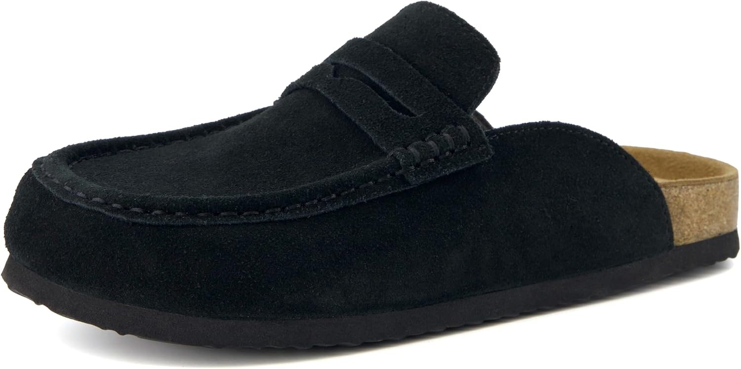 image:imageCUSHIONAIRE Fondu Genuine Leather Mule Clogs for Women Comfortable Slip On Womens Shoes with Penny Strap Accent and Memory Foam FootbedBlack