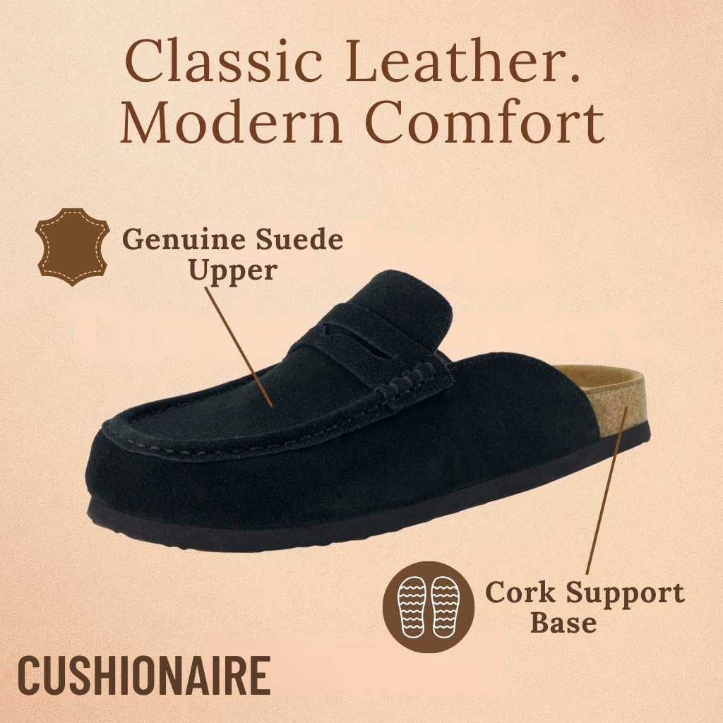 image:imageCUSHIONAIRE Fondu Genuine Leather Mule Clogs for Women Comfortable Slip On Womens Shoes with Penny Strap Accent and Memory Foam FootbedBlack
