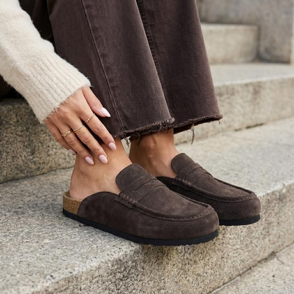 image:imageCUSHIONAIRE Fondu Genuine Leather Mule Clogs for Women Comfortable Slip On Womens Shoes with Penny Strap Accent and Memory Foam FootbedChocolate