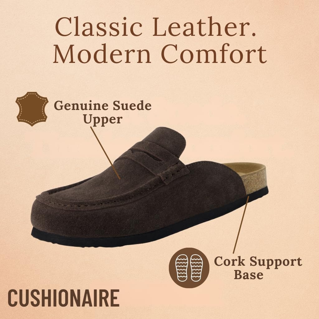 image:imageCUSHIONAIRE Fondu Genuine Leather Mule Clogs for Women Comfortable Slip On Womens Shoes with Penny Strap Accent and Memory Foam FootbedChocolate