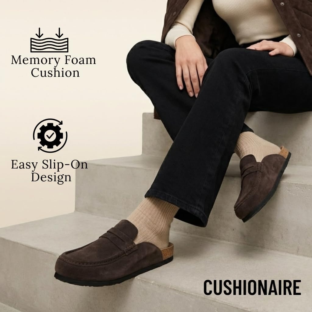 image:imageCUSHIONAIRE Fondu Genuine Leather Mule Clogs for Women Comfortable Slip On Womens Shoes with Penny Strap Accent and Memory Foam FootbedChocolate