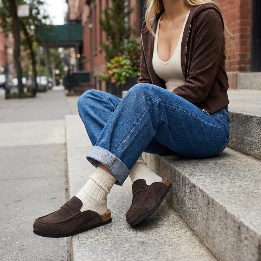 image:imageCUSHIONAIRE Fondu Genuine Leather Mule Clogs for Women Comfortable Slip On Womens Shoes with Penny Strap Accent and Memory Foam FootbedChocolate
