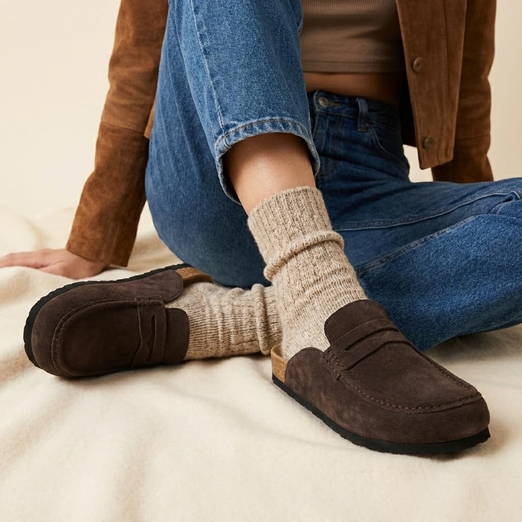 image:imageCUSHIONAIRE Fondu Genuine Leather Mule Clogs for Women Comfortable Slip On Womens Shoes with Penny Strap Accent and Memory Foam FootbedChocolate