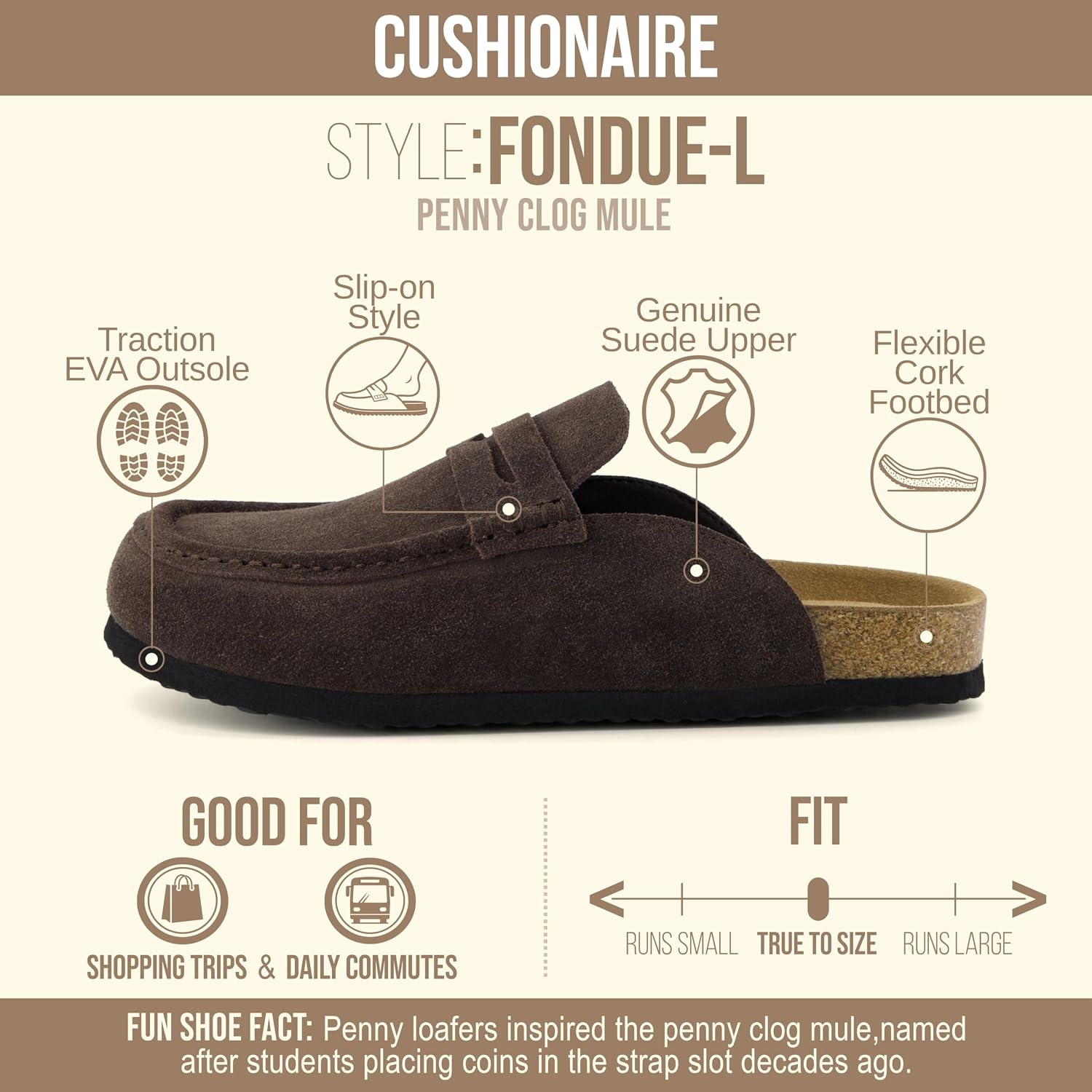 image:imageCUSHIONAIRE Fondu Genuine Leather Mule Clogs for Women Comfortable Slip On Womens Shoes with Penny Strap Accent and Memory Foam FootbedChocolate