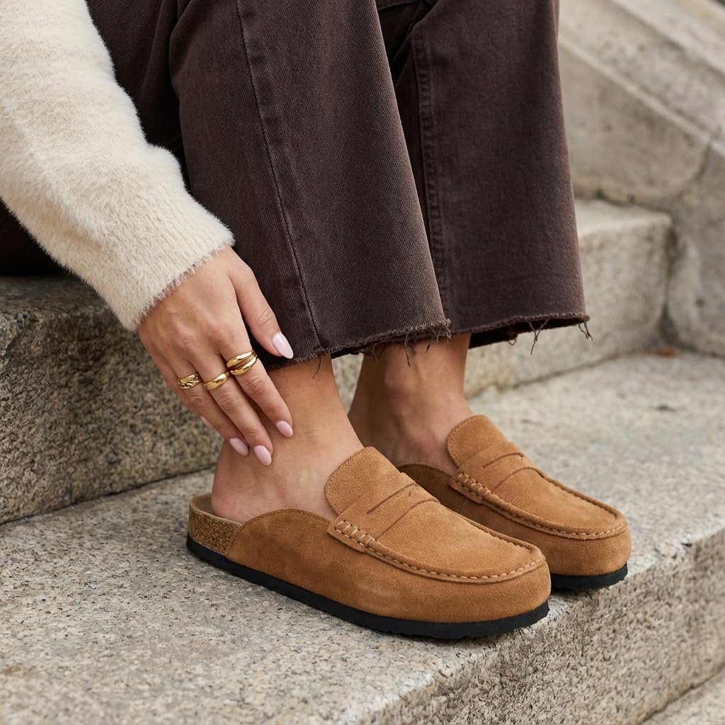image:imageCUSHIONAIRE Fondu Genuine Leather Mule Clogs for Women Comfortable Slip On Womens Shoes with Penny Strap Accent and Memory Foam FootbedCognac
