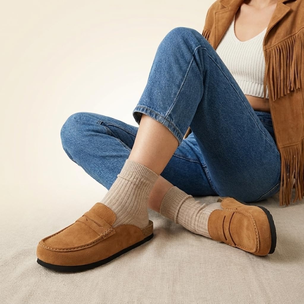 image:imageCUSHIONAIRE Fondu Genuine Leather Mule Clogs for Women Comfortable Slip On Womens Shoes with Penny Strap Accent and Memory Foam FootbedCognac