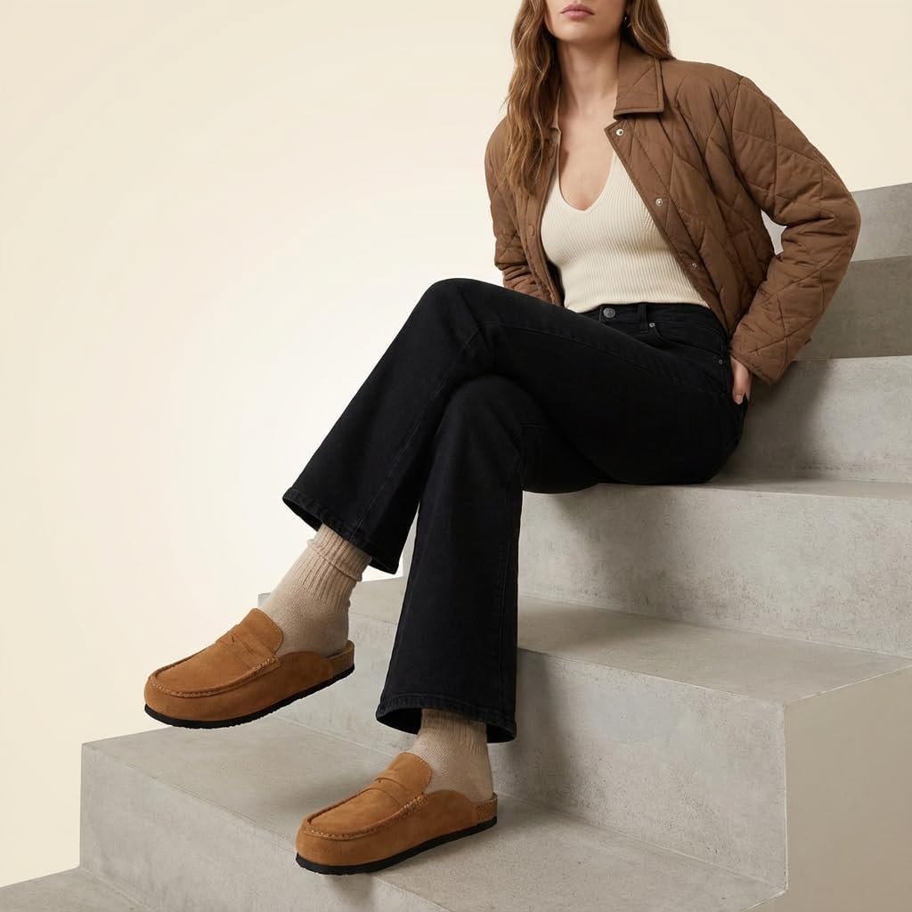 image:imageCUSHIONAIRE Fondu Genuine Leather Mule Clogs for Women Comfortable Slip On Womens Shoes with Penny Strap Accent and Memory Foam FootbedCognac