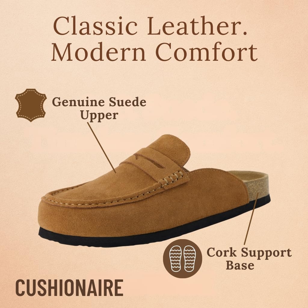 image:imageCUSHIONAIRE Fondu Genuine Leather Mule Clogs for Women Comfortable Slip On Womens Shoes with Penny Strap Accent and Memory Foam FootbedCognac