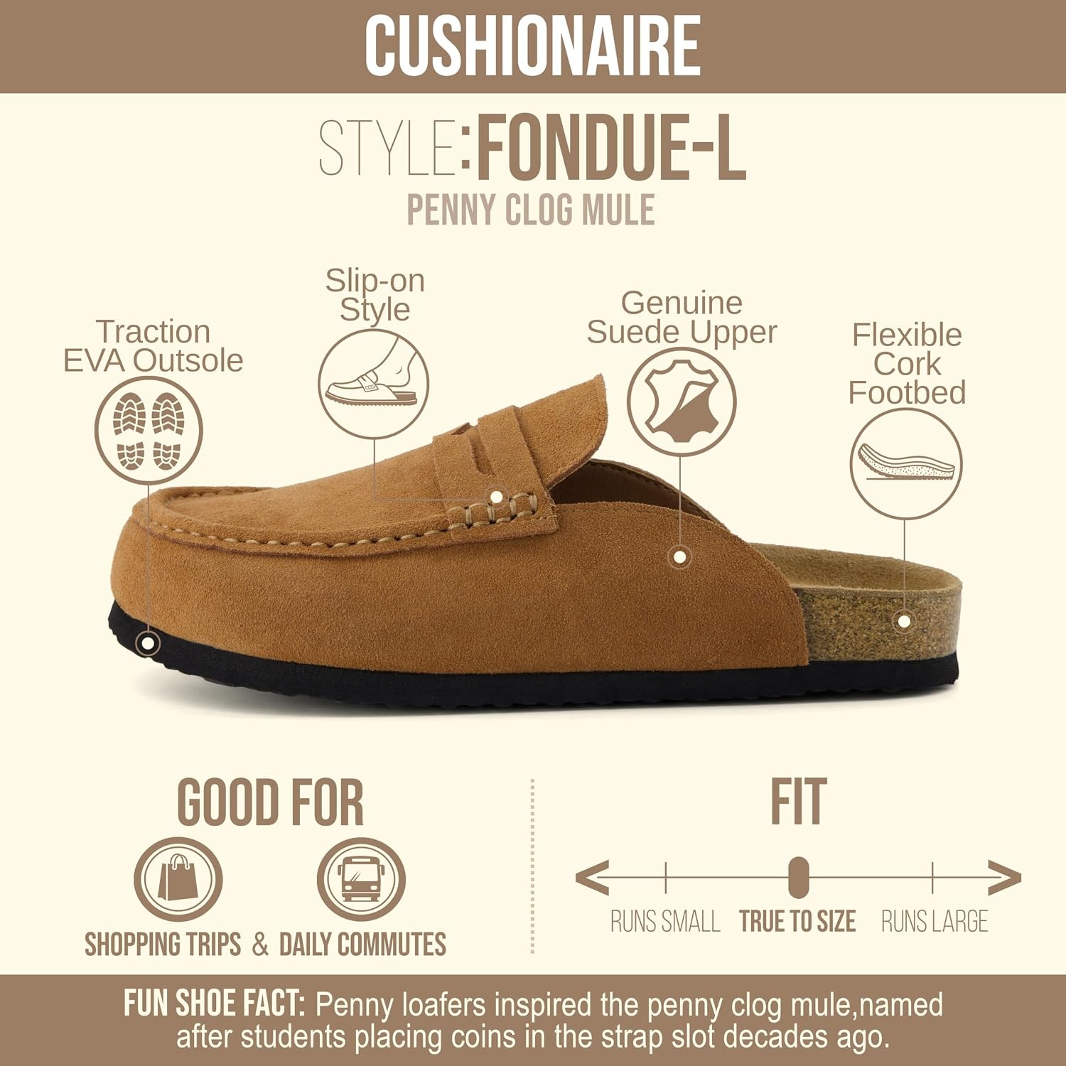 image:imageCUSHIONAIRE Fondu Genuine Leather Mule Clogs for Women Comfortable Slip On Womens Shoes with Penny Strap Accent and Memory Foam FootbedCognac