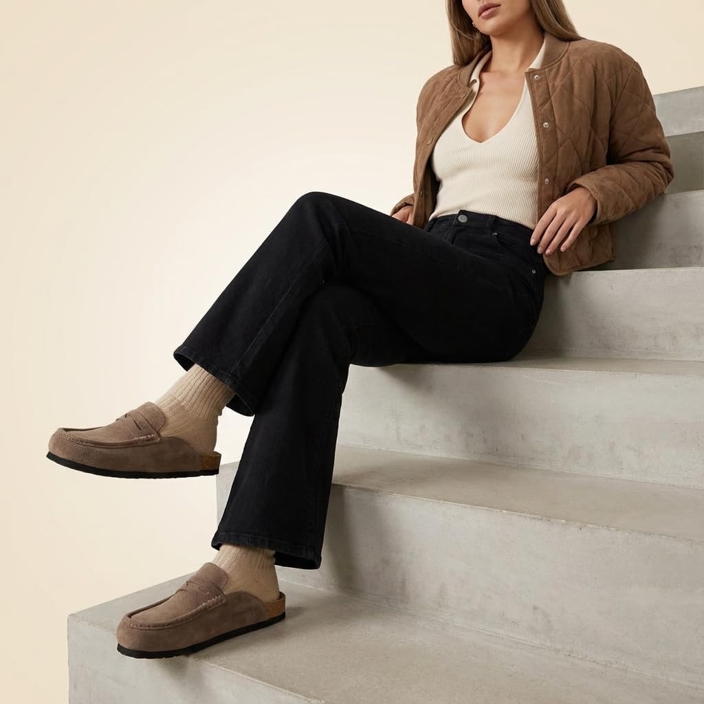 image:imageCUSHIONAIRE Fondu Genuine Leather Mule Clogs for Women Comfortable Slip On Womens Shoes with Penny Strap Accent and Memory Foam FootbedTaupe