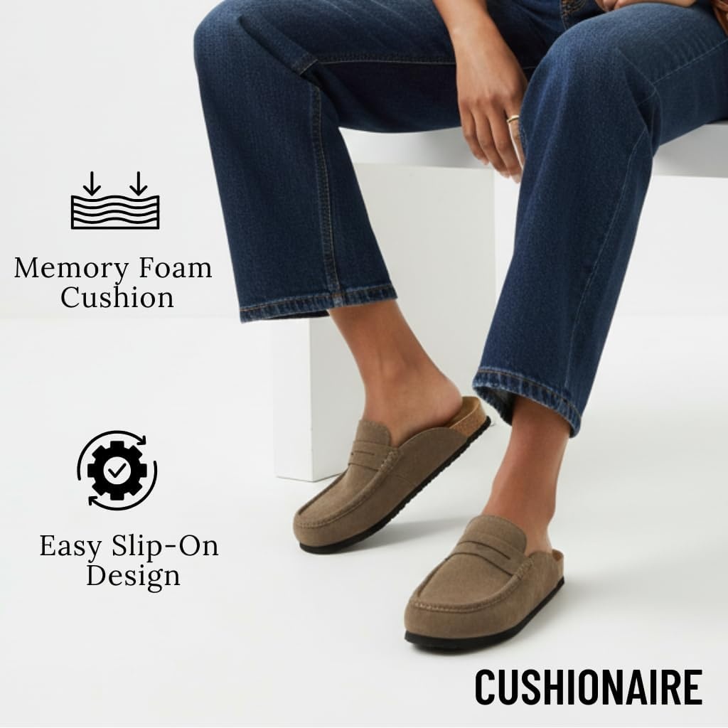 image:imageCUSHIONAIRE Fondu Genuine Leather Mule Clogs for Women Comfortable Slip On Womens Shoes with Penny Strap Accent and Memory Foam FootbedTaupe