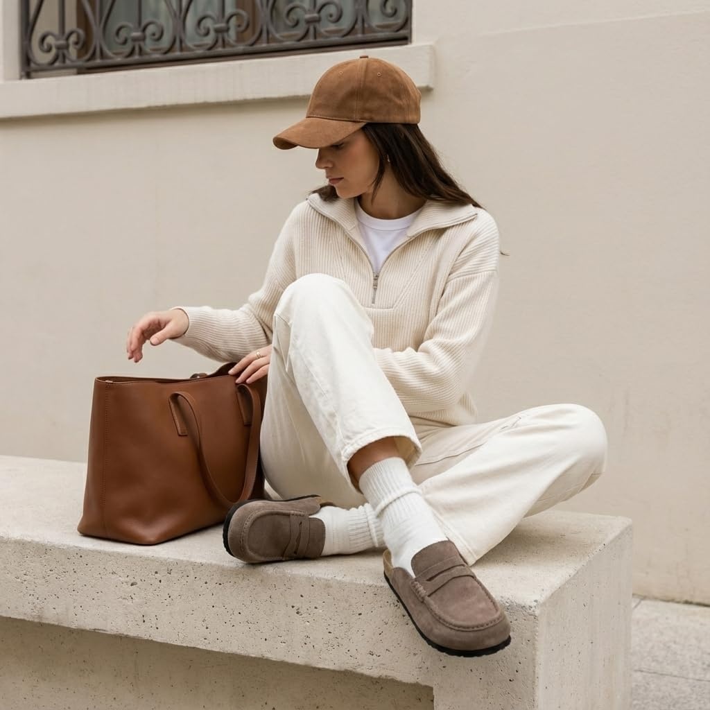 image:imageCUSHIONAIRE Fondu Genuine Leather Mule Clogs for Women Comfortable Slip On Womens Shoes with Penny Strap Accent and Memory Foam FootbedTaupe