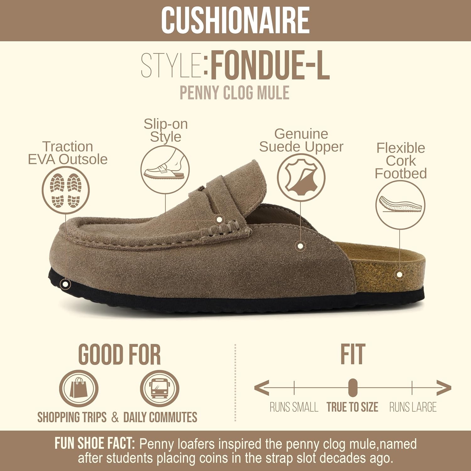 image:imageCUSHIONAIRE Fondu Genuine Leather Mule Clogs for Women Comfortable Slip On Womens Shoes with Penny Strap Accent and Memory Foam FootbedTaupe