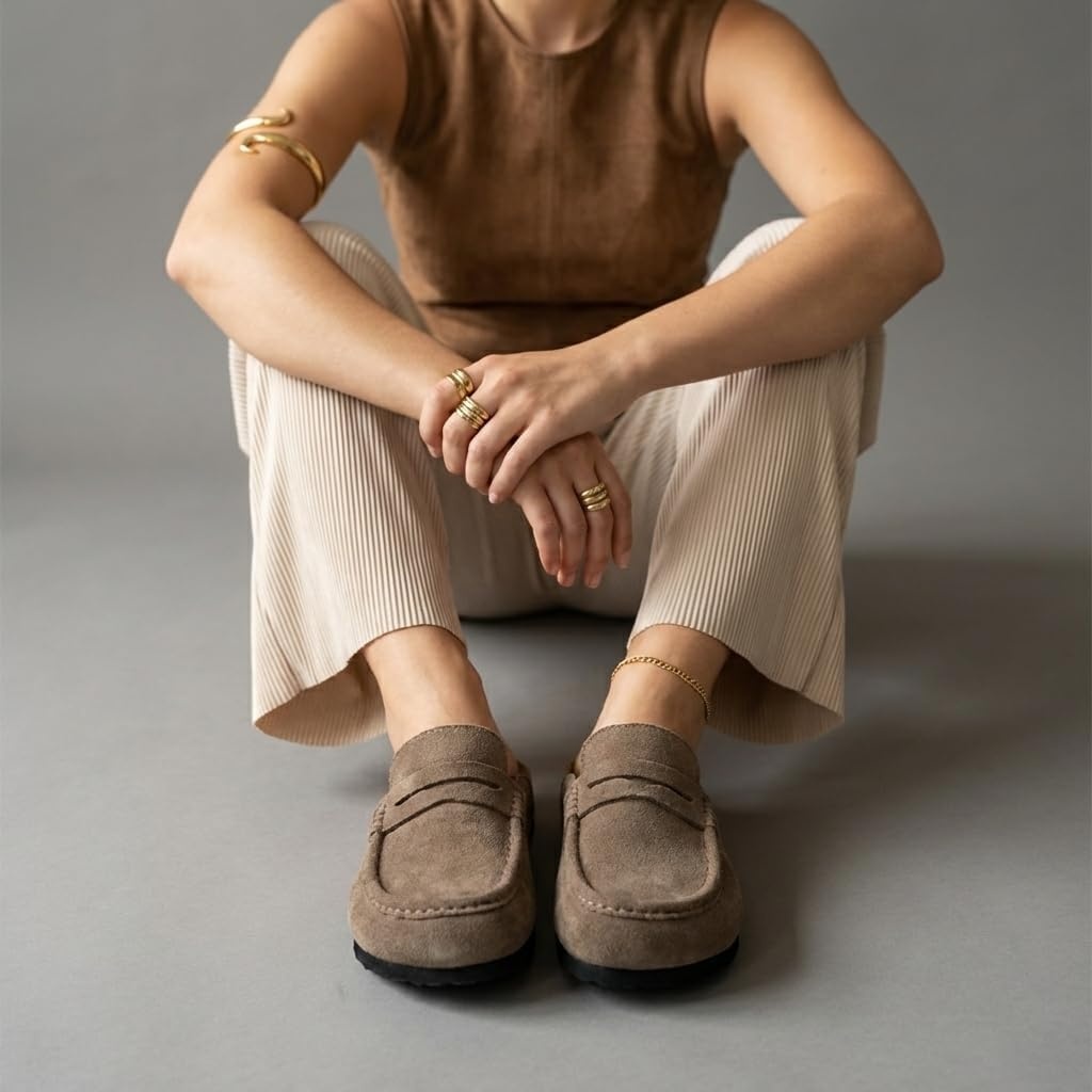 image:imageCUSHIONAIRE Fondu Genuine Leather Mule Clogs for Women Comfortable Slip On Womens Shoes with Penny Strap Accent and Memory Foam FootbedTaupe
