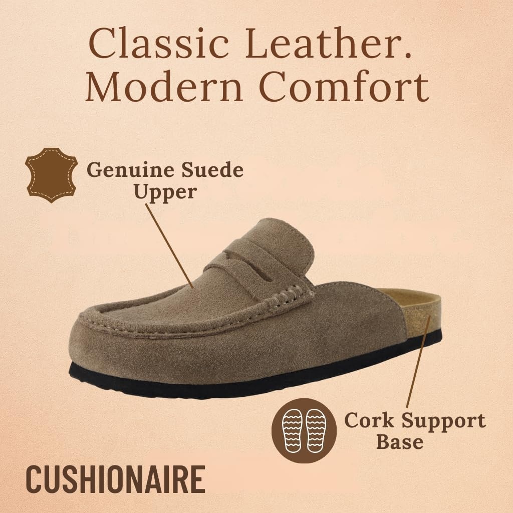 image:imageCUSHIONAIRE Fondu Genuine Leather Mule Clogs for Women Comfortable Slip On Womens Shoes with Penny Strap Accent and Memory Foam FootbedTaupe