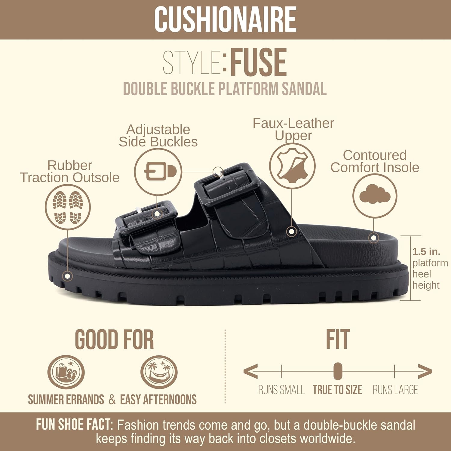 image:imageCUSHIONAIRE Fuse Chunky Womens Sandals with Double Buckle Straps and Durable Lug Sole Casual Platform Sandals Women FootwearBlack