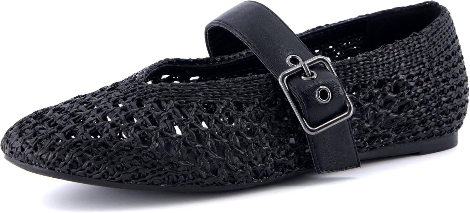 image:imageCUSHIONAIRE Gabby Woven Mary Jane Ballet Flats for Women Comfortable Dressy Flat Shoes with Adjustable GoldTone Buckle and Memory Foam CushioningBlack