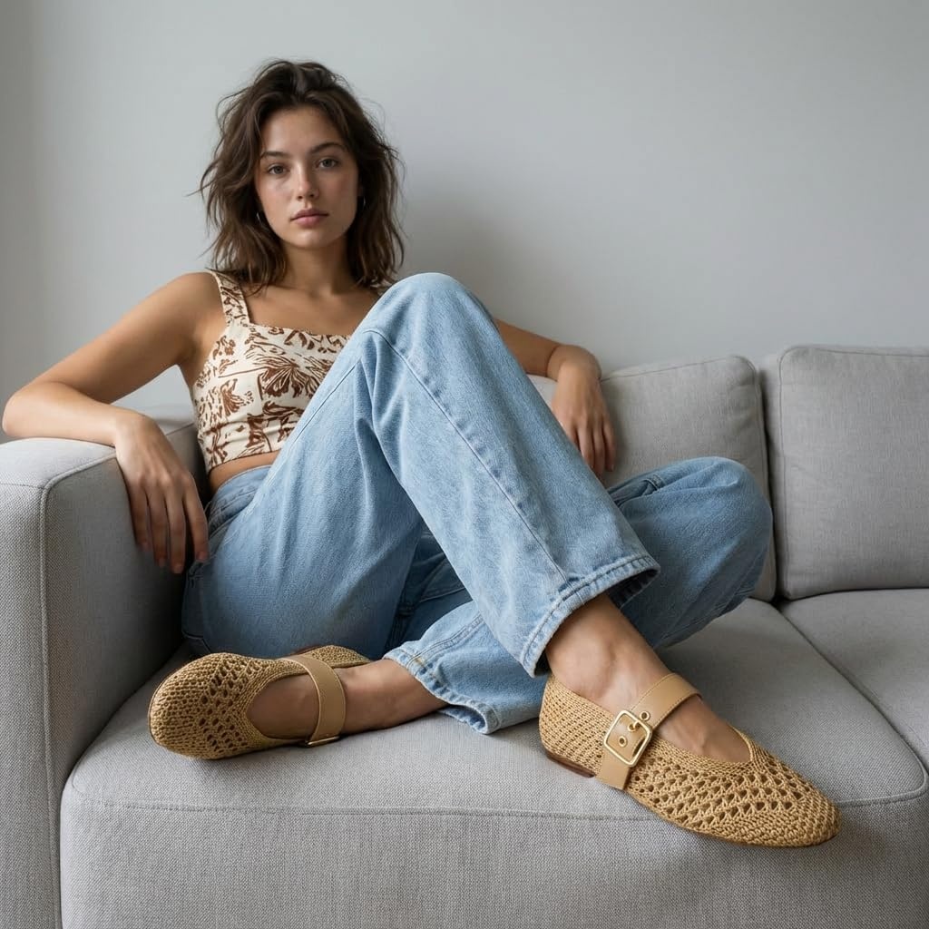 image:imageCUSHIONAIRE Gabby Woven Mary Jane Ballet Flats for Women Comfortable Dressy Flat Shoes with Adjustable GoldTone Buckle and Memory Foam CushioningBrown