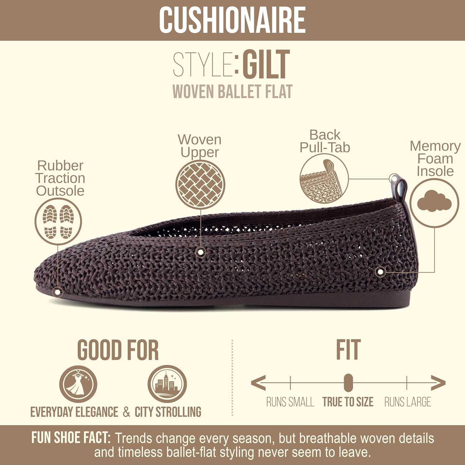 image:imageCUSHIONAIRE Gilt Woven Ballet Flats for Women Lightweight Knit Flats with Memory Foam and Pull On TabCoffee