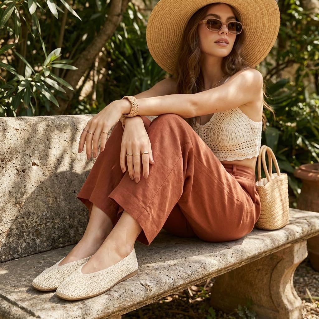 image:imageCUSHIONAIRE Gilt Woven Ballet Flats for Women Lightweight Knit Flats with Memory Foam and Pull On TabCream