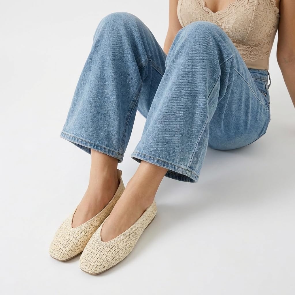 image:imageCUSHIONAIRE Gilt Woven Ballet Flats for Women Lightweight Knit Flats with Memory Foam and Pull On TabCream