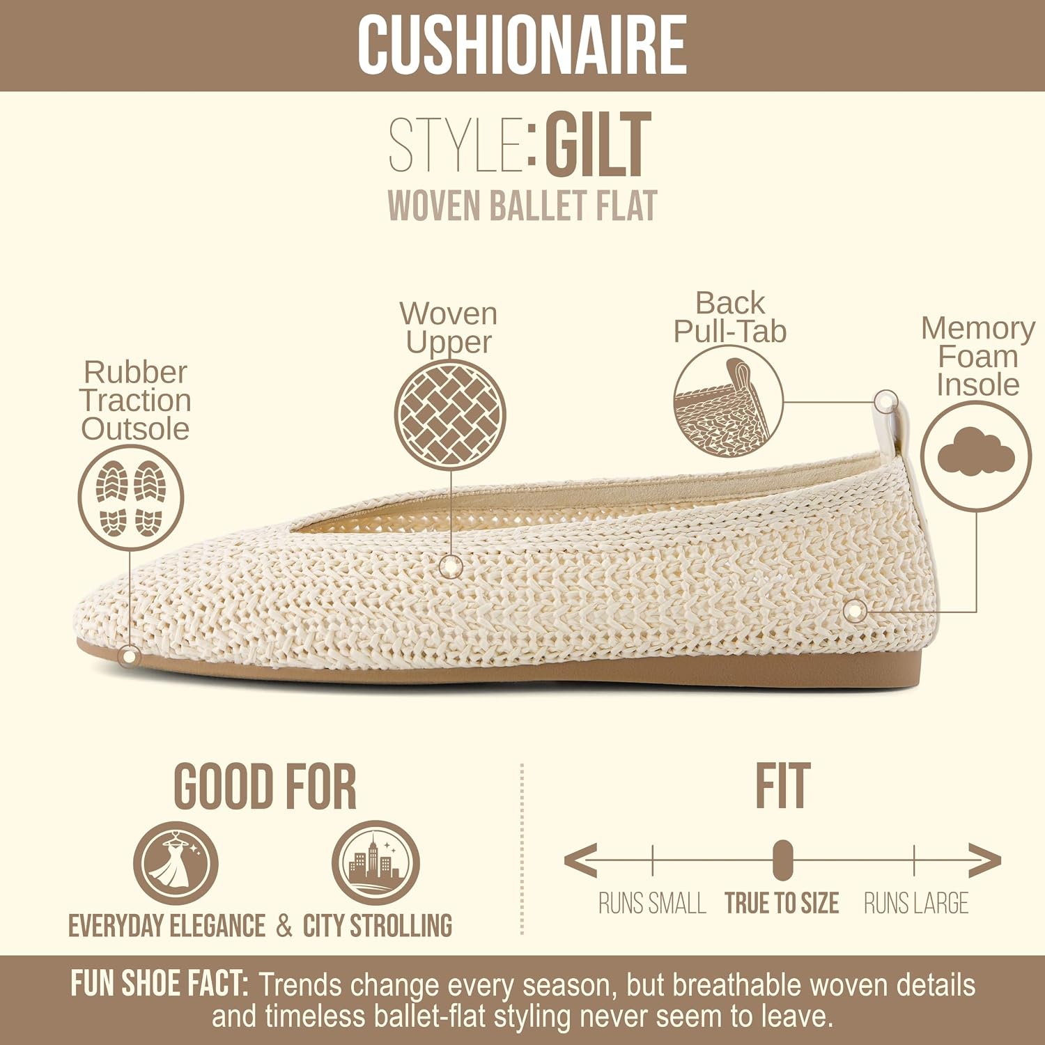 image:imageCUSHIONAIRE Gilt Woven Ballet Flats for Women Lightweight Knit Flats with Memory Foam and Pull On TabCream