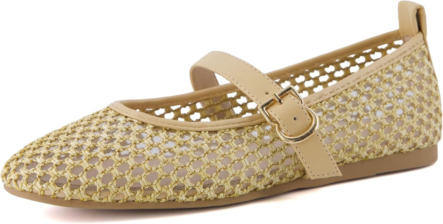 image:imageCUSHIONAIRE Gracie Mesh Mary Jane Flats for Women Breathable Ballet Flats with Adjustable Buckle Strap and Memory Foam CushioningNatural