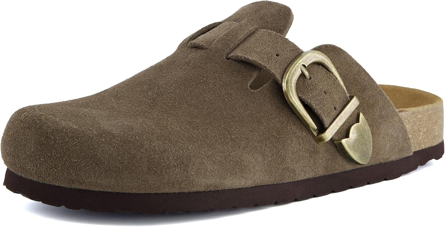 image:imageCUSHIONAIRE Hamlet Genuine Leather Suede Clogs for Women Slip On Shoes with Detailed Metal Buckle Strap and Memory Foam FootbedDark Taupe