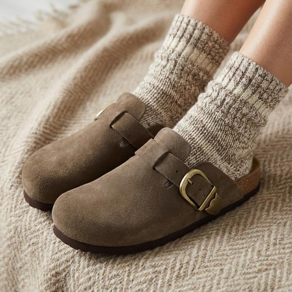 image:imageCUSHIONAIRE Hamlet Genuine Leather Suede Clogs for Women Slip On Shoes with Detailed Metal Buckle Strap and Memory Foam FootbedDark Taupe
