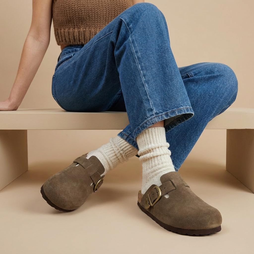 image:imageCUSHIONAIRE Hamlet Genuine Leather Suede Clogs for Women Slip On Shoes with Detailed Metal Buckle Strap and Memory Foam FootbedDark Taupe