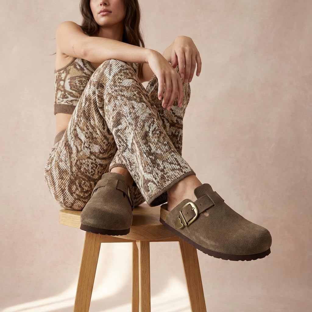 image:imageCUSHIONAIRE Hamlet Genuine Leather Suede Clogs for Women Slip On Shoes with Detailed Metal Buckle Strap and Memory Foam FootbedDark Taupe