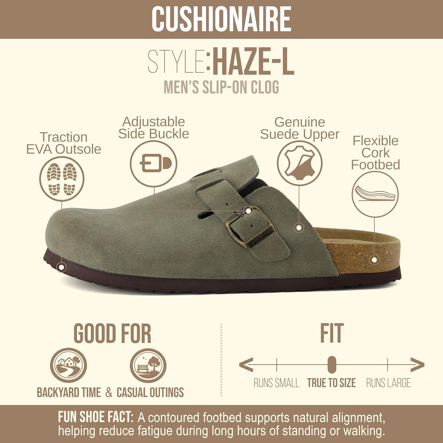 image:imageCUSHIONAIRE Haze Genuine Suede Leather Mens Clogs Comfortable Slip On Potato Shoes for Men with Adjustable BuckleOlive