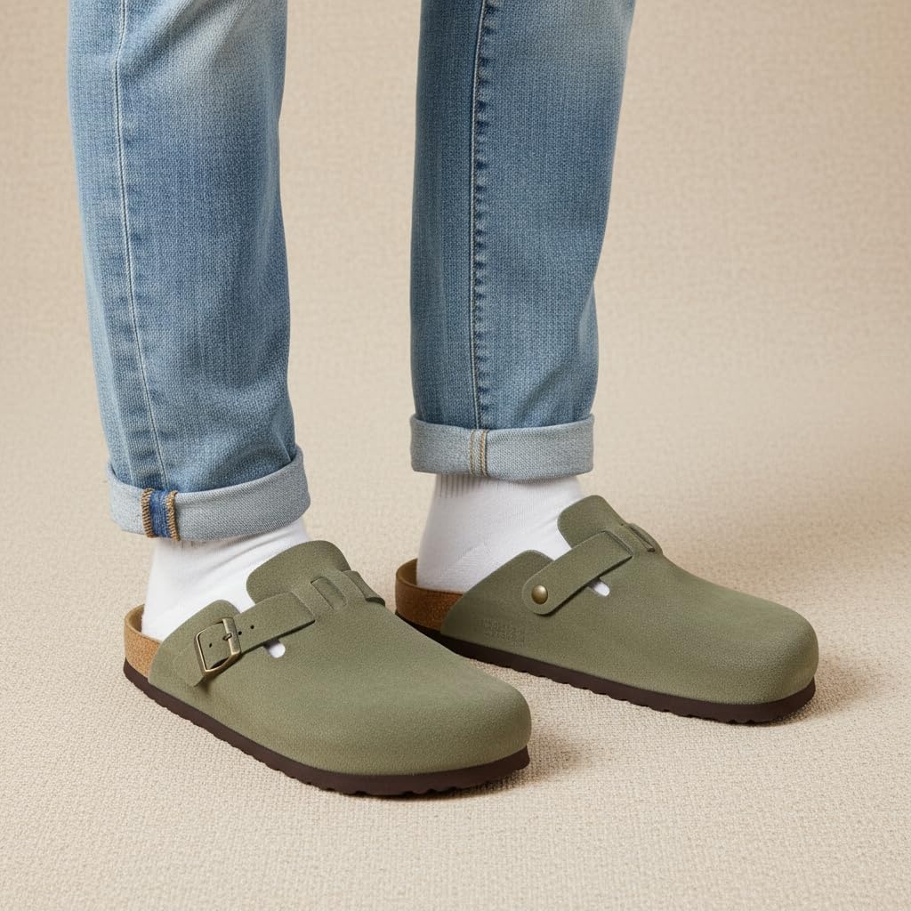 image:imageCUSHIONAIRE Haze Genuine Suede Leather Mens Clogs Comfortable Slip On Potato Shoes for Men with Adjustable BuckleOlive