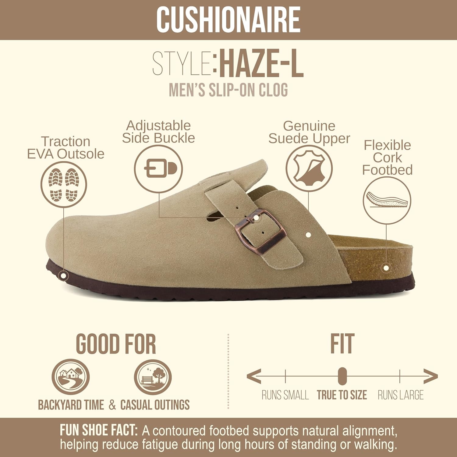 image:imageCUSHIONAIRE Haze Genuine Suede Leather Mens Clogs Comfortable Slip On Potato Shoes for Men with Adjustable BuckleTaupe