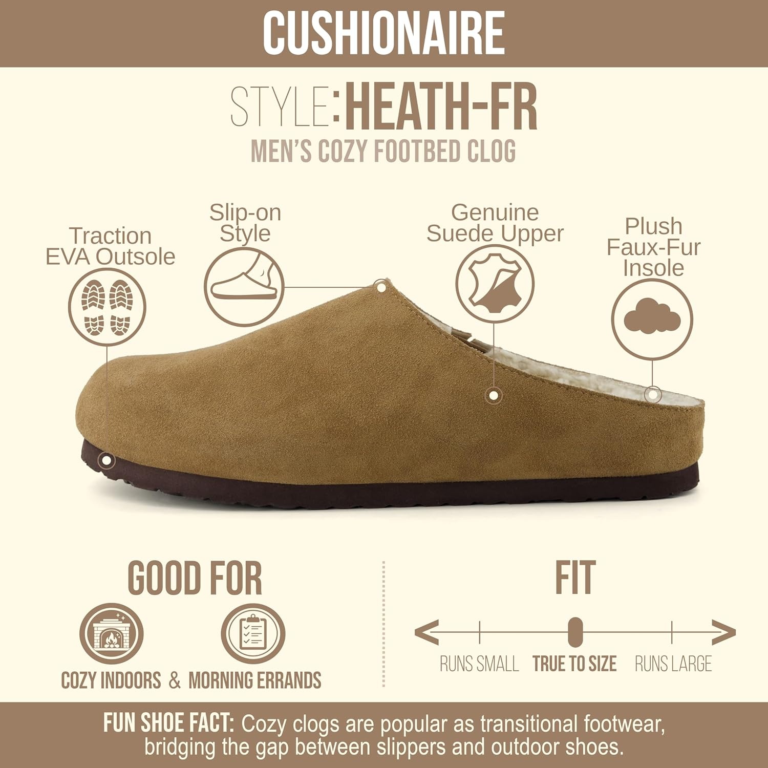 image:imageCUSHIONAIRE Heath Genuine Suede Cozy Mens Slippers Faux Fur Clog House Shoes with Memory Foam Indoor Outdoor Slippers for MenBrown