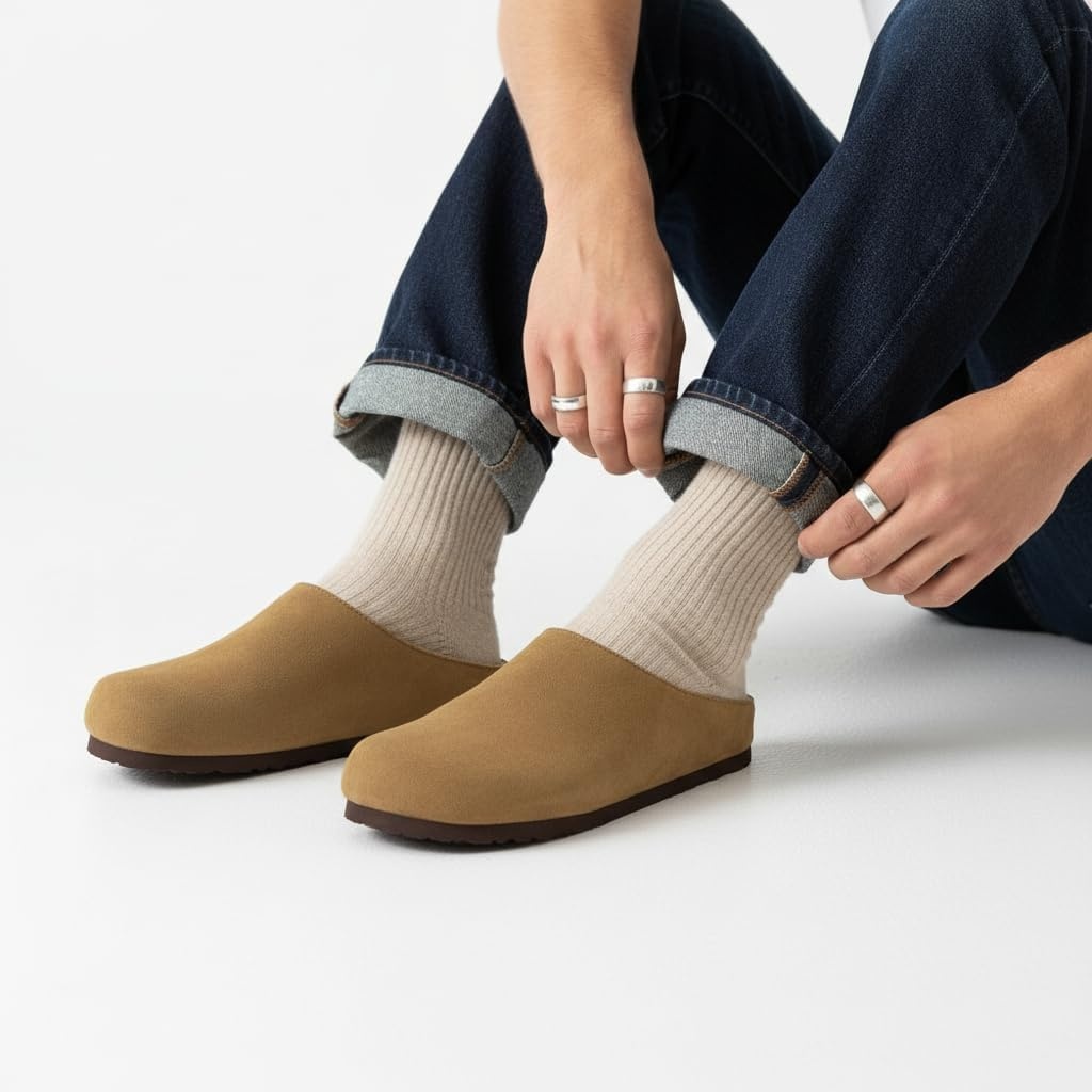 image:imageCUSHIONAIRE Heath Genuine Suede Cozy Mens Slippers Faux Fur Clog House Shoes with Memory Foam Indoor Outdoor Slippers for MenBrown