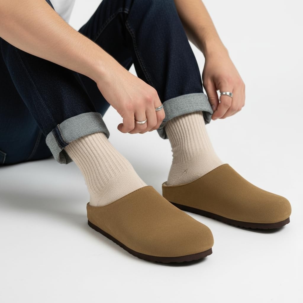 image:imageCUSHIONAIRE Heath Genuine Suede Cozy Mens Slippers Faux Fur Clog House Shoes with Memory Foam Indoor Outdoor Slippers for MenBrown