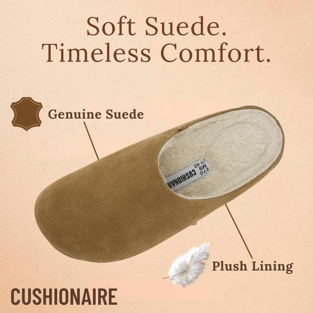 image:imageCUSHIONAIRE Heath Genuine Suede Cozy Mens Slippers Faux Fur Clog House Shoes with Memory Foam Indoor Outdoor Slippers for MenBrown