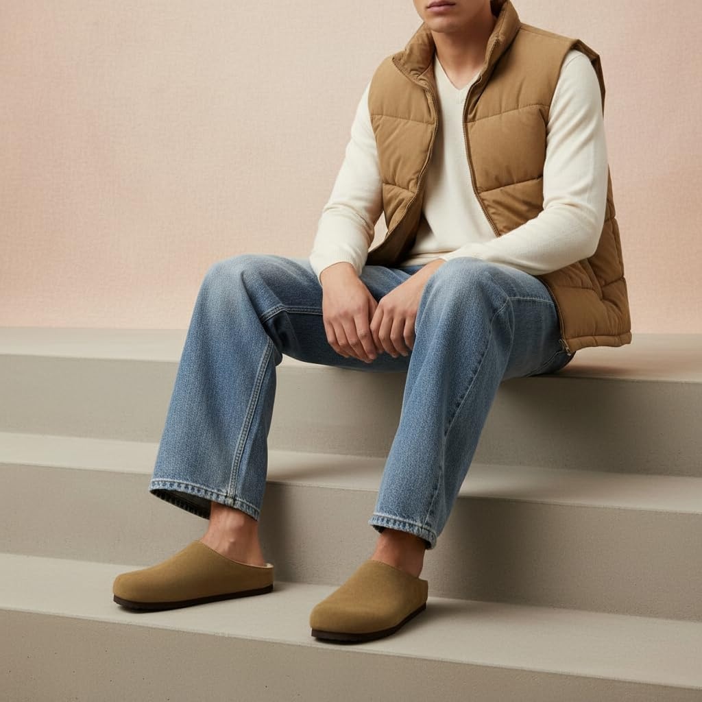 image:imageCUSHIONAIRE Heath Genuine Suede Cozy Mens Slippers Faux Fur Clog House Shoes with Memory Foam Indoor Outdoor Slippers for MenBrown