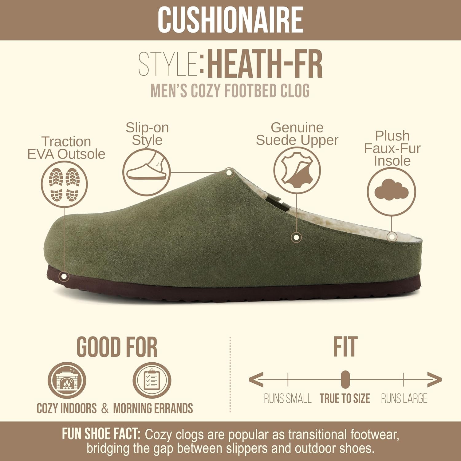 image:imageCUSHIONAIRE Heath Genuine Suede Cozy Mens Slippers Faux Fur Clog House Shoes with Memory Foam Indoor Outdoor Slippers for MenOlive