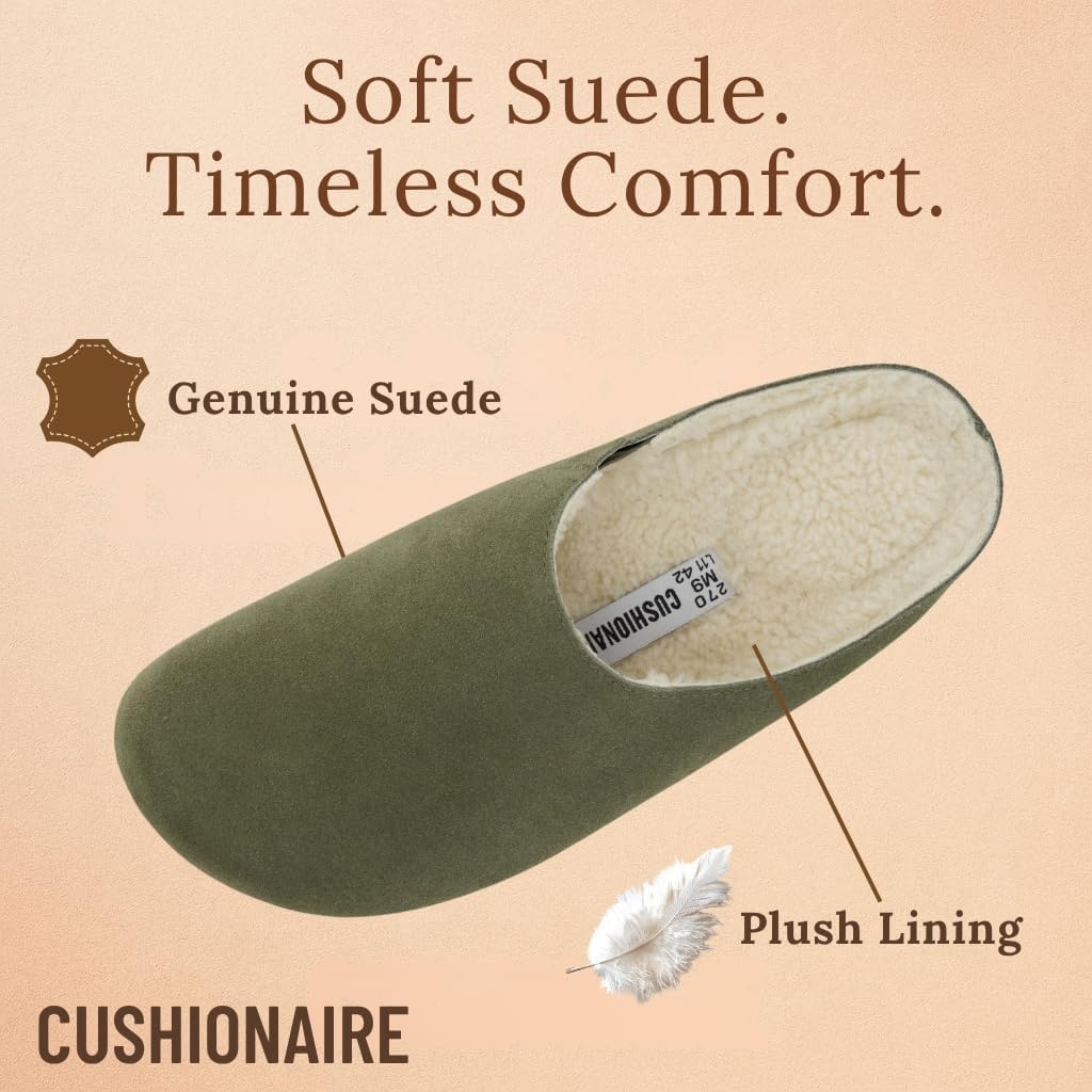 image:imageCUSHIONAIRE Heath Genuine Suede Cozy Mens Slippers Faux Fur Clog House Shoes with Memory Foam Indoor Outdoor Slippers for MenOlive