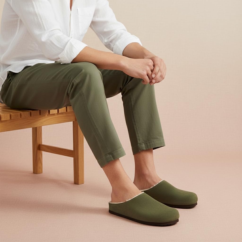 image:imageCUSHIONAIRE Heath Genuine Suede Cozy Mens Slippers Faux Fur Clog House Shoes with Memory Foam Indoor Outdoor Slippers for MenOlive