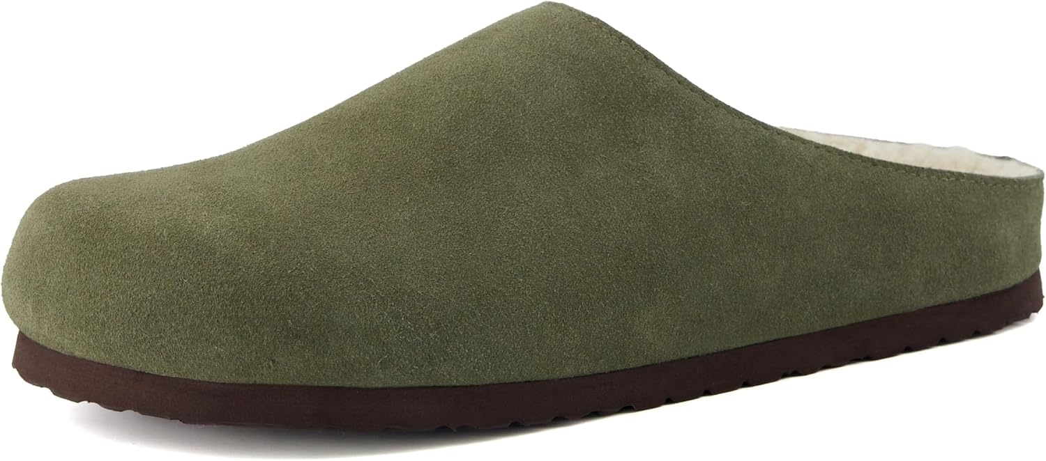 image:imageCUSHIONAIRE Heath Genuine Suede Cozy Mens Slippers Faux Fur Clog House Shoes with Memory Foam Indoor Outdoor Slippers for MenOlive