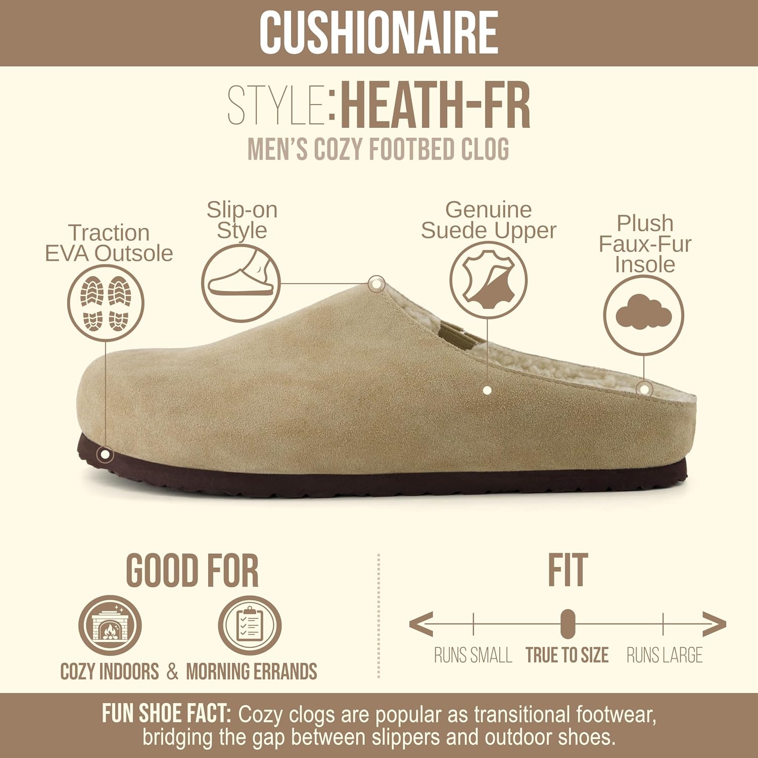image:imageCUSHIONAIRE Heath Genuine Suede Cozy Mens Slippers Faux Fur Clog House Shoes with Memory Foam Indoor Outdoor Slippers for MenTaupe